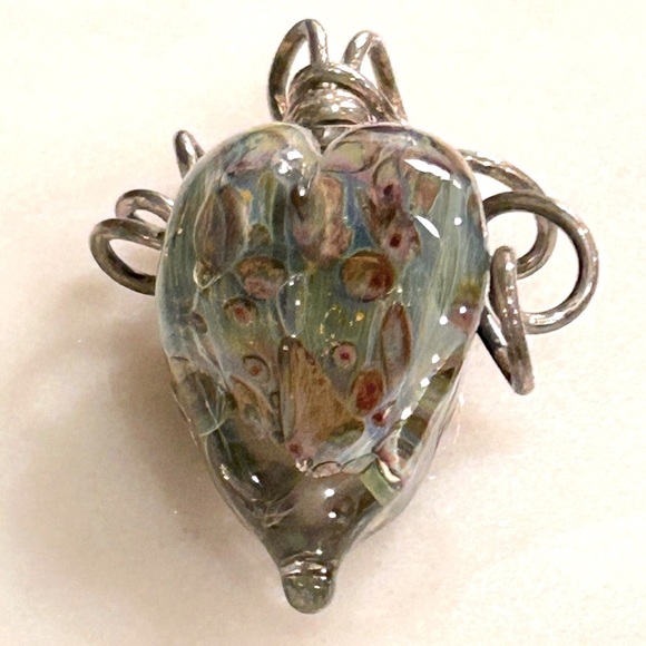 Hand Crafted Jewelry - Heart Shaped Glass Blown Pendant Hand Crafted Green Blue Tan